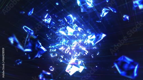 宝石が浮遊する空間を回転しながら前進するキラキラして高級感のある背景/サファイア
