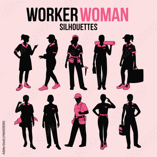 Silhouettes of diverse worker women in various professions and occupations on a light pink background