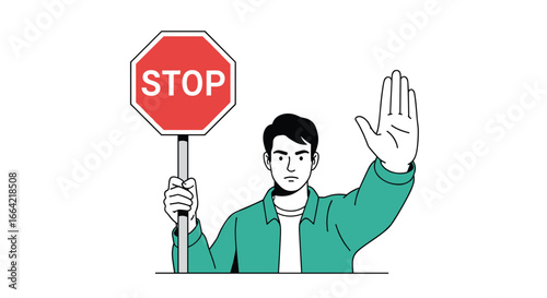 Man holding a stop sign and raising his hand to halt traffic