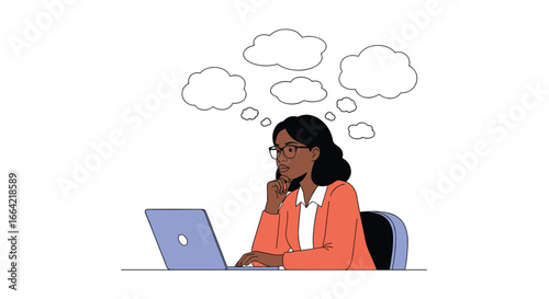 Woman sitting at a laptop with thought bubbles above her head contemplating her work strategy for business growth