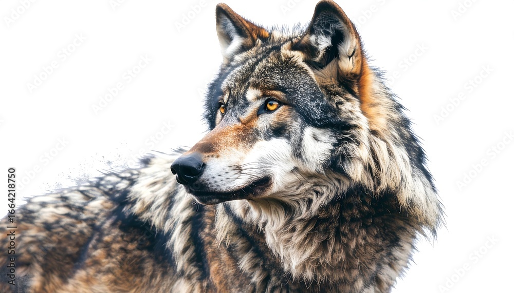 Obraz premium Close-up profile view of a magnificent wolf, showcasing its rich coat of browns, grays, and whites, against a stark white background.
