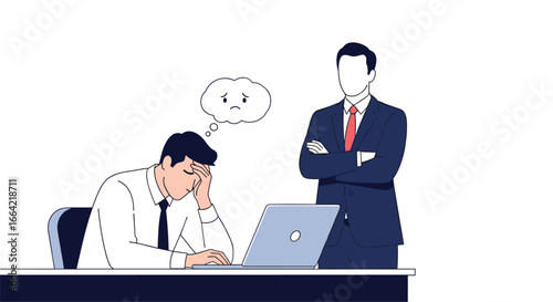 Employee feeling overwhelmed while manager observes with arms crossed showing disappointment