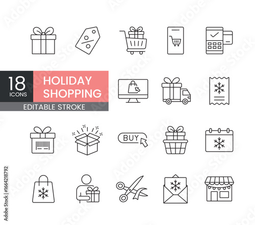 A set of vector icons representing holiday shopping, seasonal promotions and gift delivery, created in line style with editable stroke
