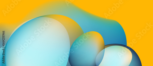 Abstract fluid shapes blend, creating soft gradients. Yellow backdrop complements cool blue tones. Minimalist design evokes calm feeling.