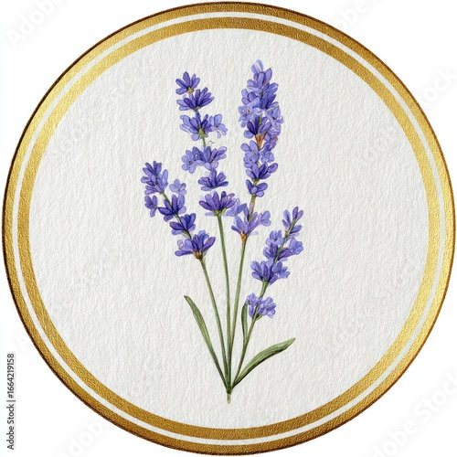 Round, textured illustration of lavender sprigs.  A delicate,  lavender-colored flower cluster sits on a cream-colored, textured background. The image is framed by double gold-toned outline