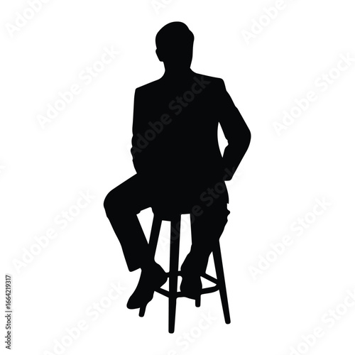 Silhouette of a man in a suit sitting on a stool with his hand on his hip against a white background