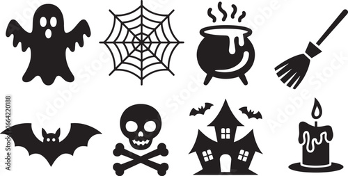 Halloween Vector Silhouettes Featuring Ghosts, Webs, and Cauldrons