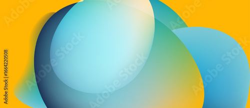 Abstract shapes overlap, creating soft gradients. Yellow background contrasts cool blues, greens. Modern design evokes fluidity, connection.
