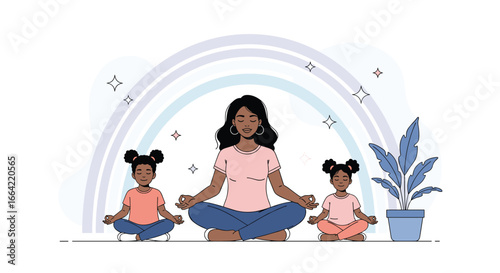 Mother and daughters practicing yoga and meditation together creating a peaceful and harmonious family environment