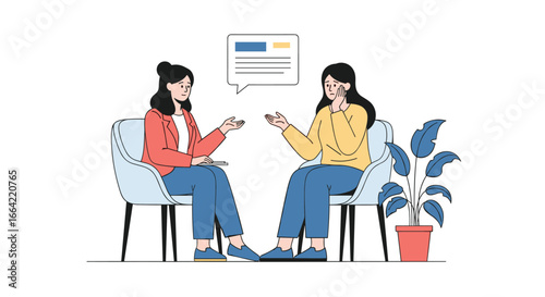 Two women are talking and gesticulating in a brightly lit room with a plant and a chart on the wall representing a discussion or consultation session