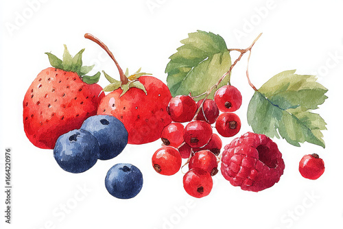 Fresh strawberries, blueberries, red currants, and raspberries beautifully arranged watercolor