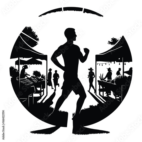 Athlete silhouette running through vibrant market scene inspiring health and wellness nutrition coaching