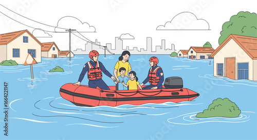 Rescuers on a boat saving people from a flooded neighborhood during a natural disaster emergency response