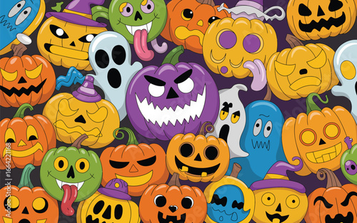 Playful Halloween design with cartoon pumpkins and ghostly figures