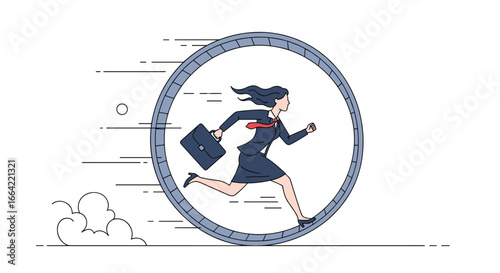 Woman running on a hamster wheel representing a constant cycle of effort and stagnation