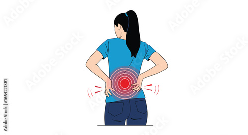 Woman experiencing severe lower back pain with visible discomfort and inflammation indicated by red radiating circles illustrating her ailment