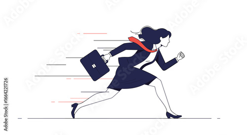 Businesswoman in a rush carrying a briefcase with motion lines conveying speed and urgency