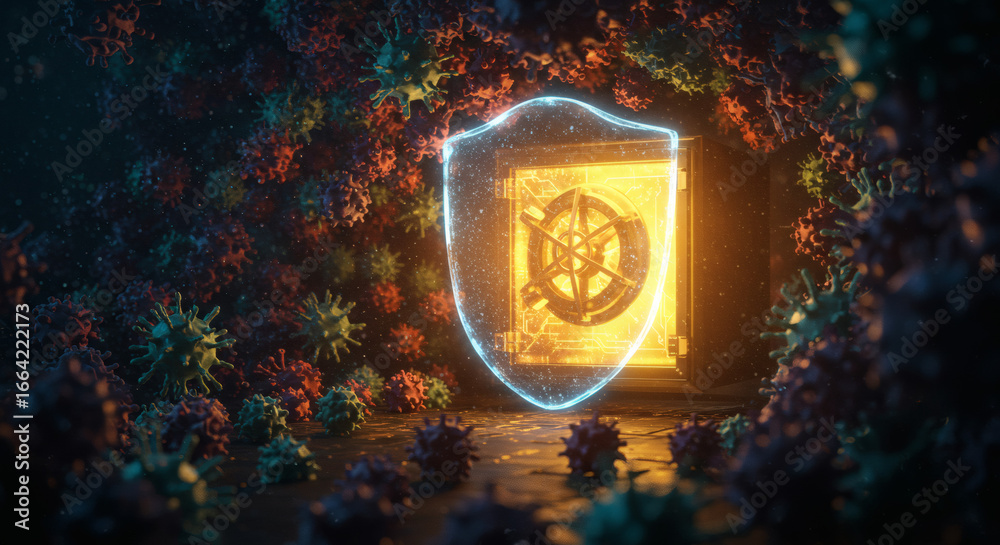 Fototapeta premium Concept of protection against viral pandemic. A glowing shield safeguards a vault surrounded by microscopic representations of viruses