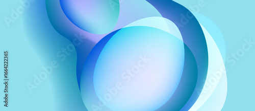 Abstract fluid shapes, cool blues, soft gradients. Minimalist design evokes calm, serene atmosphere. Light plays with transparency.