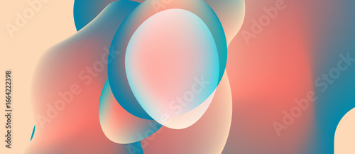 Abstract fluid shapes blend, creating soft gradients. Peach, blue, coral hues dominate composition. Minimalist design evokes calm feeling.