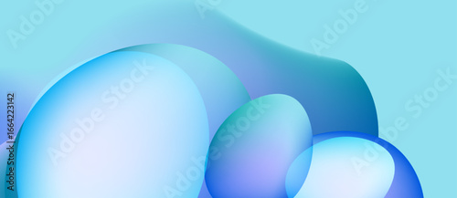 Abstract fluid shapes, cool blues, light turquoise. Soft gradients create calming visual experience. Minimalist background.