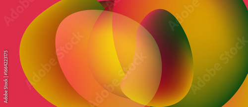 Abstract fluid shapes overlap, creating vibrant color blends. Warm tones dominate with hints of cool greens. Smooth gradients define forms.