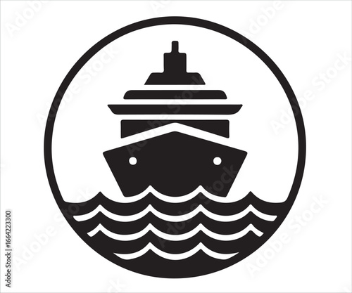 Cruise Ship Icon on Waves, Symbol of Sea Travel and Adventure
