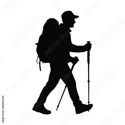 Silhouette of a hiker with backpack and trekking poles walking on a white background in outdoor adventure