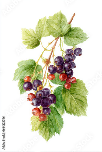 Watercolor illustration of black and red currants with green leaves, showcasing vibrant colors