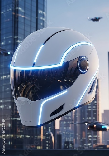 Futuristic helmet against city backdrop