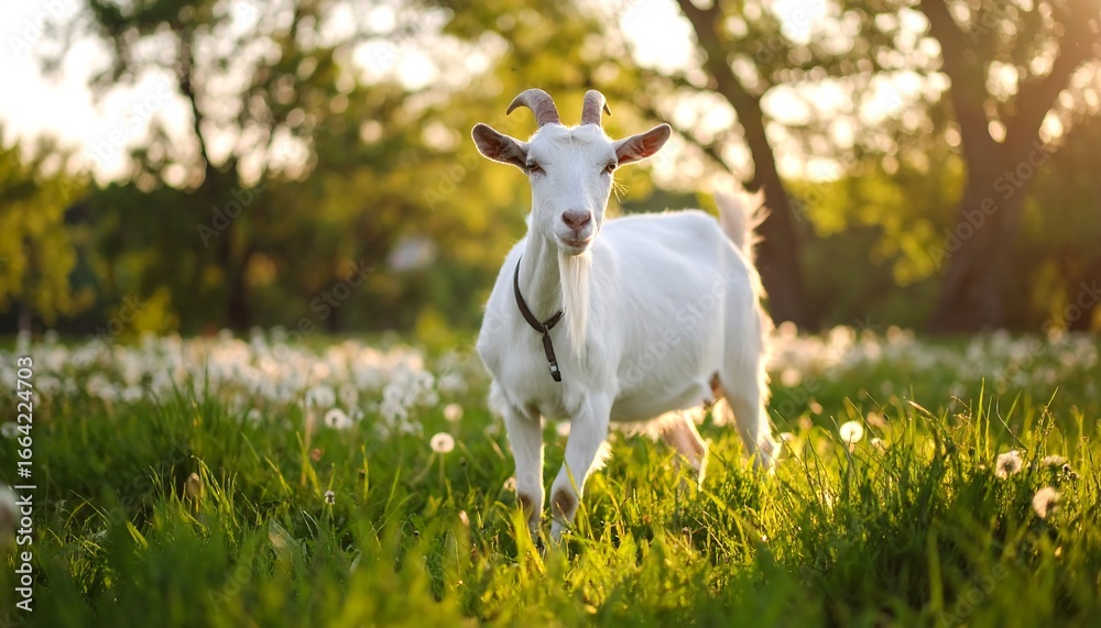 Obraz premium A white goat gracefully ambles through a meadow filled with dandelions bathed in warm sunlight.
