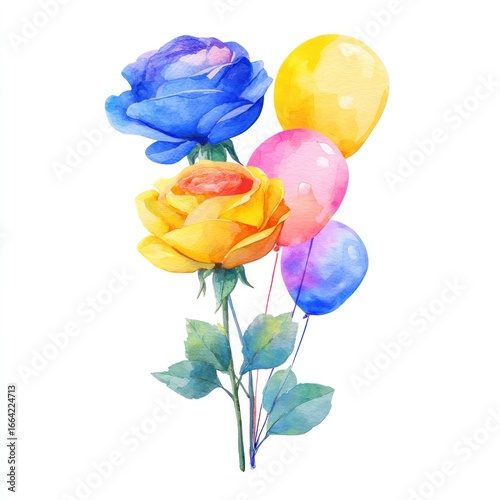 Watercolor bouquet of vibrant roses and balloons