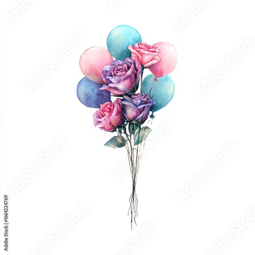Watercolor bouquet of roses and balloons