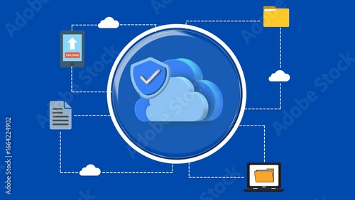 cloud storage animation connects phone laptop documents and folder data. Suitable for websites, blogs, and presentations discussing cloud storage and data management solutions for all devices