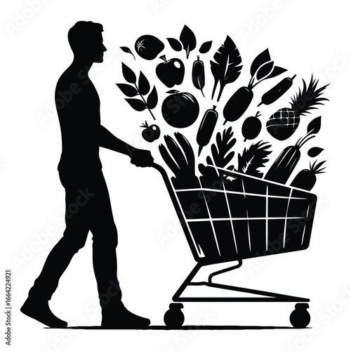 Silhouette of a man pushing a shopping cart filled with healthy fresh fruits vegetables and greens 