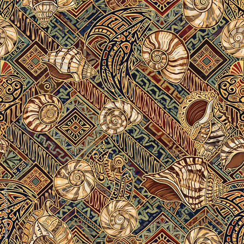 Seamless Pattern, Detailed seashell pattern illustration with tribal geometric background in warm tones Stock royalty free image.