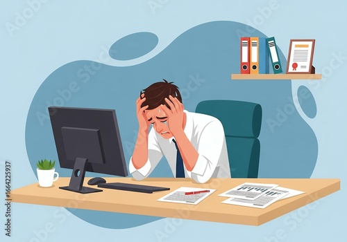 Distressed businessman with hands on head at computer desk with paperwork and binders