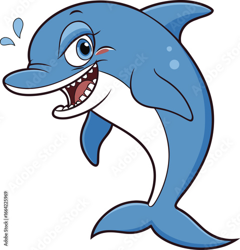 Excited Cartoon Dolphin with Sweaty Droplets Radiating Joy and Mischief in an Animated Ocean Adventure Depicted with Playful Dynamism