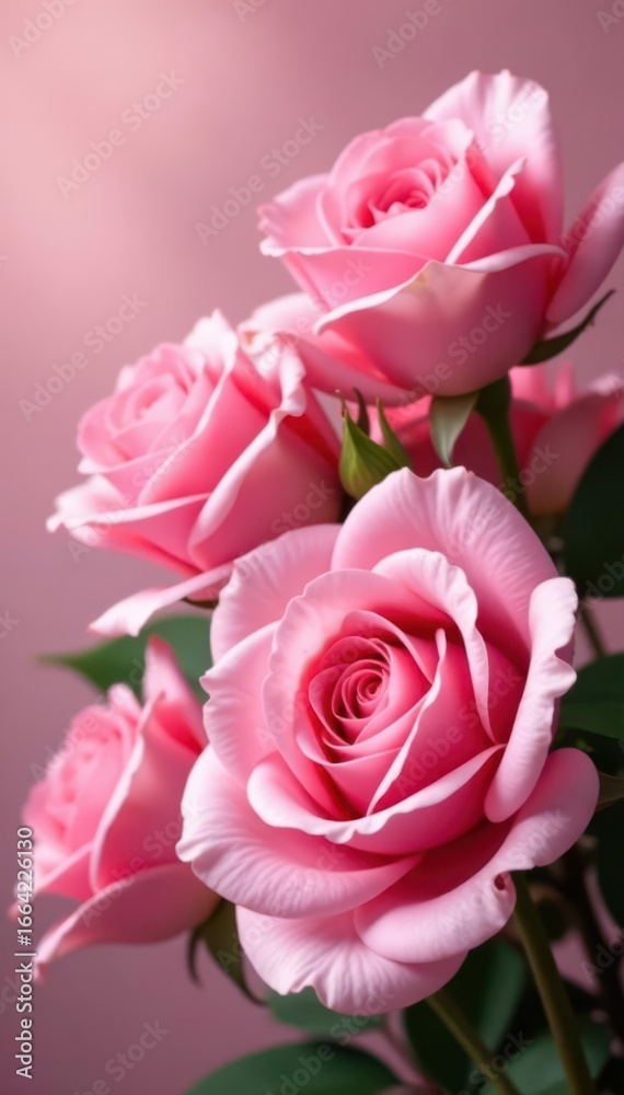 Naklejka premium Close-up of sweet pink roses, romantic backdrop , pink roses, delicate