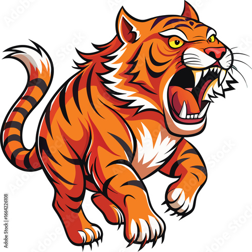 Roaring Tiger Cartoon Illustration with Bold Stripes and Intense Expression A Powerful Jungle Cat