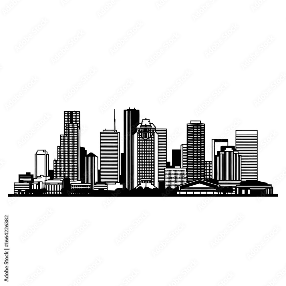 Naklejka premium Cityscape Vector Illustration of Buildings Skyline Black and White Minimalist City Silhouette for Real Estate Urban Landscape