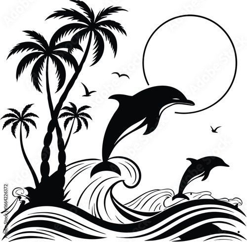 Serene Island Getaway with Playful Dolphins Tropical Paradise Silhouette Design Featuring Palm Trees and Ocean Waves Against a Circular Sun