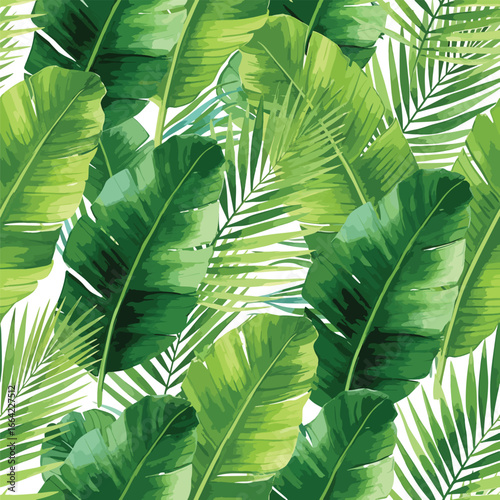 Seamless Pattern, Lush green tropical foliage pattern with banana leaves and palm fronds design Stock royalty free  image.