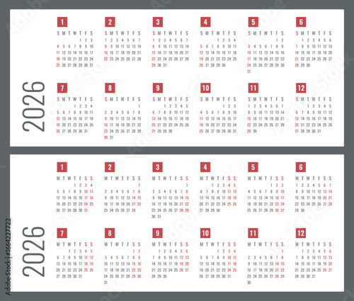 2026 year calendar, calendar design 2026 starts monday and sunday