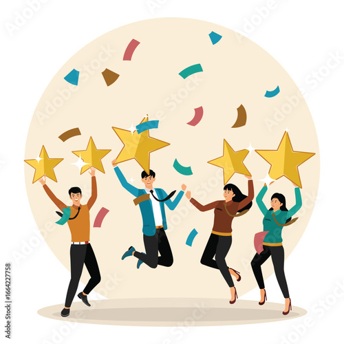 Customer satisfaction concept, happy young adult customer holding 5 stars rating.