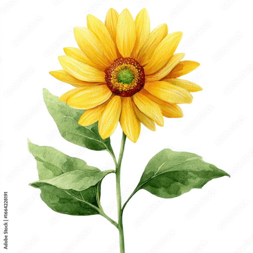 Fototapeta premium Detailed illustration of a sunflower. Bright yellow petals surround a dark-orange center. Two large, light green leaves are attached to a slender stem. Isolated on white background