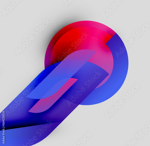 Abstract shapes overlap, creating vibrant color gradients. Blue, pink, red hues blend smoothly on light gray background. Modern design.
