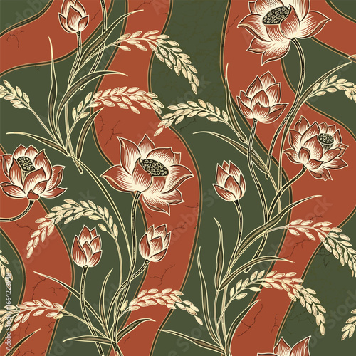 Seamless Pattern, Elegant botanical pattern with lotus flowers and rice plants in earthy tones Stock royalty free image.