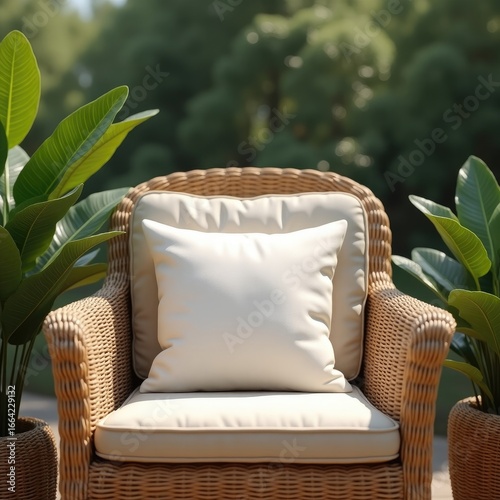Pillow mockup wicker chair with white cushion and plants in pots against a blurred green background outdoors view scene