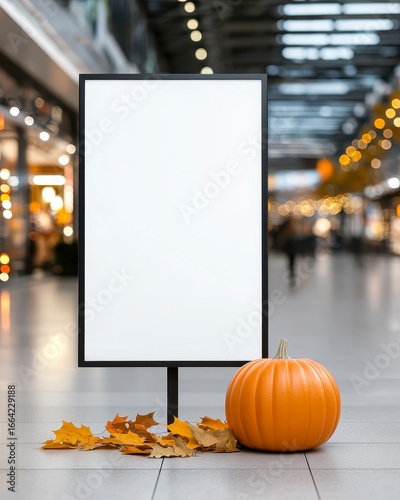 Vertical white billboard in shopping mall with festiv. Blank upright advertisement structure inside retail center during gala celebration carnival fair holiday merrymaking occasion